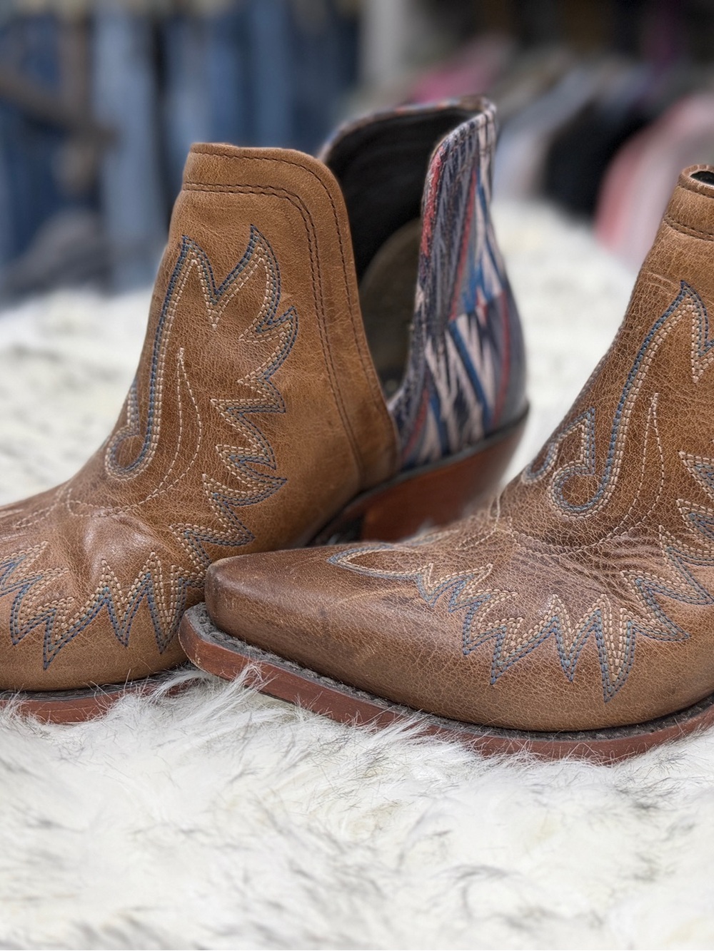 Ariat Brown Leather Western Ankle Boots with Patterned Heel